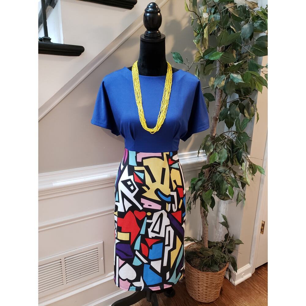 Jasambac Dress Women Size M Blue Multicolor Colorblock Sheath Graphic Stretchy